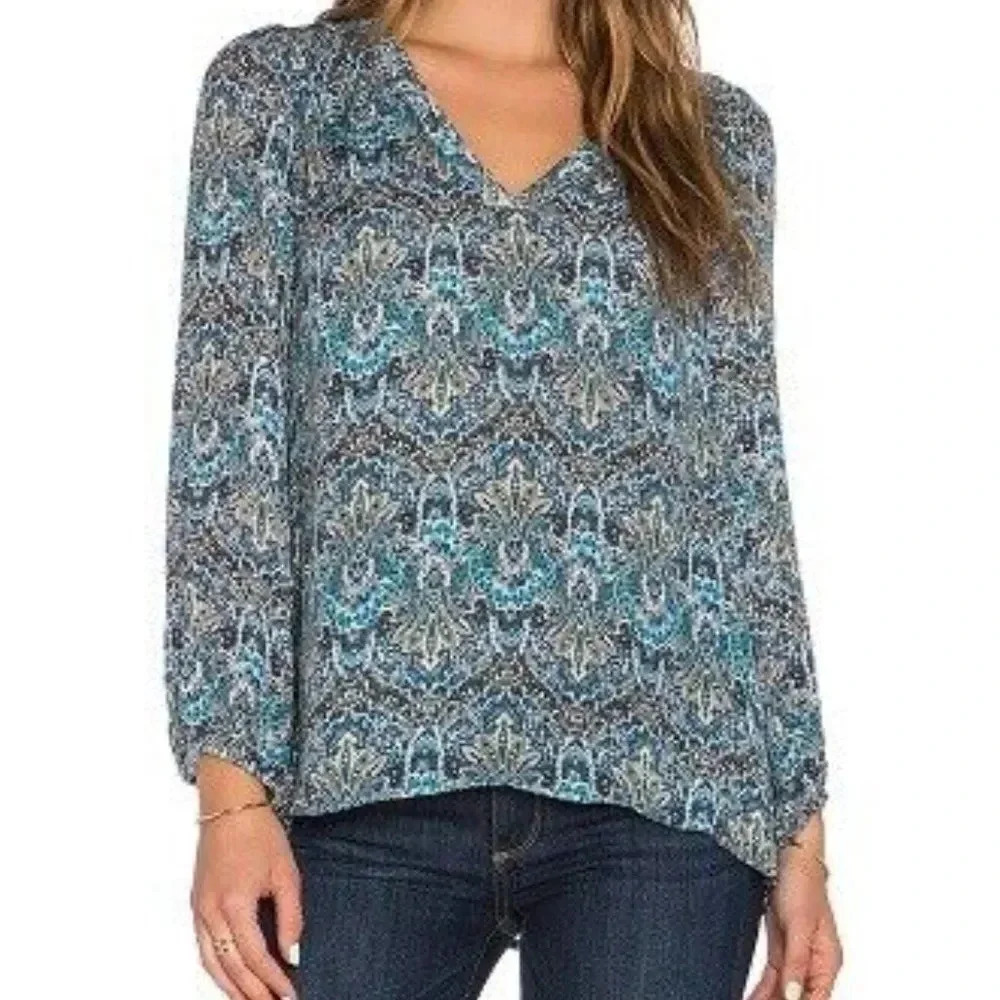 JOIE Avonmora 100% Silk Paisley Blouse Tile‎ Blue Size XS Relaxed Fit Boho